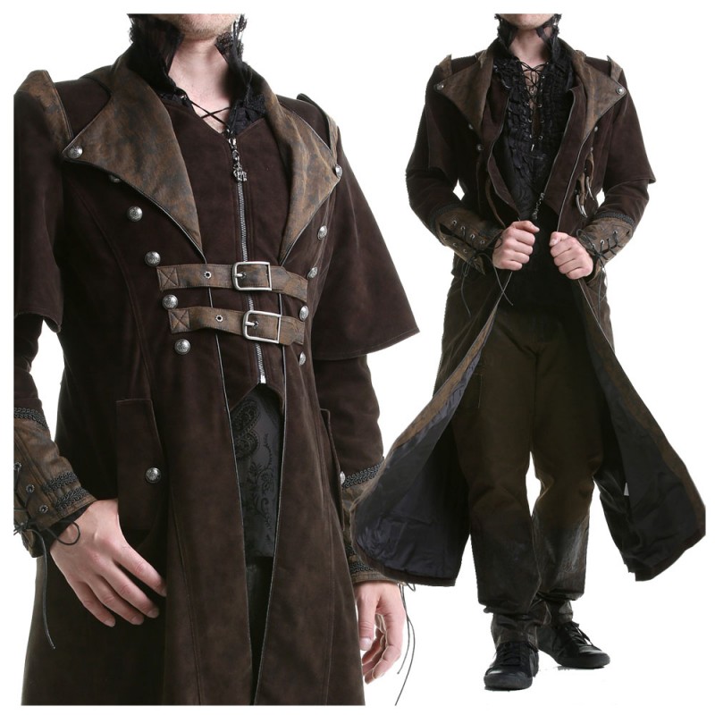 Punk Mens Gothic Steampunk Coat Brown Vtg Regency Highwayman 